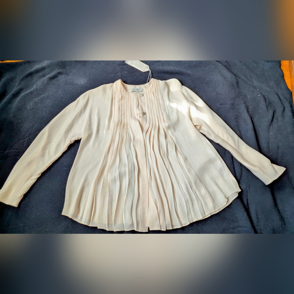 New Vince Ivory Chiffon Pleated Top Blouse Long Sleeve Button Down Xxs Dolman